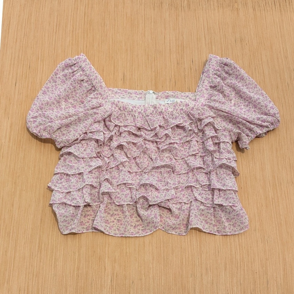 SHE+SKY Crop Top‎ Floral Ruffle Square Neck Puff Sleeve Cottage Women's Medium